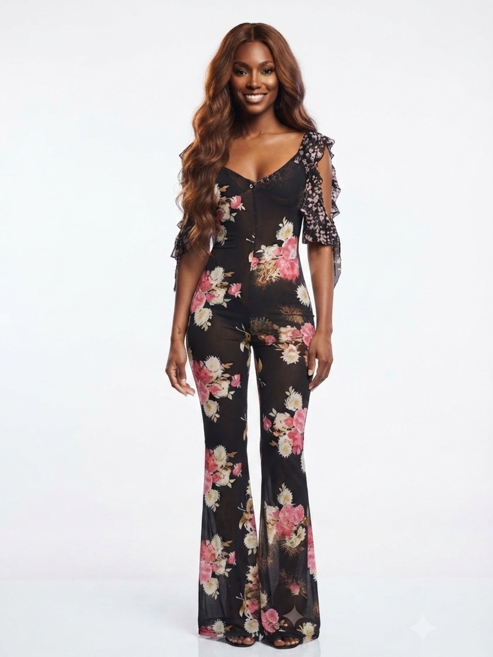 ASOS Design Sheer Floral Flare Leg Jumpsuit